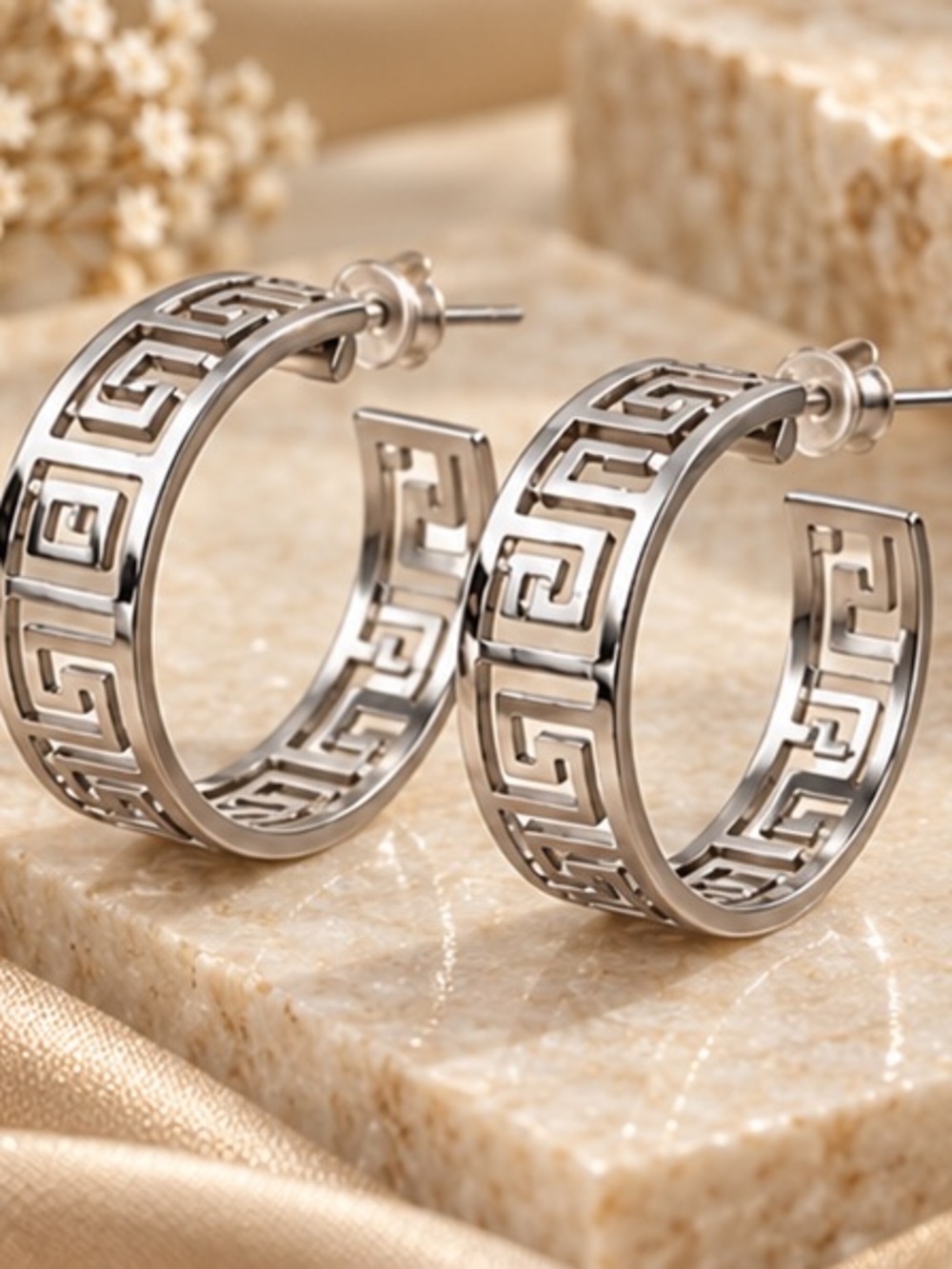 Silver Greek Key Hoop Earrings | Designer Inspired